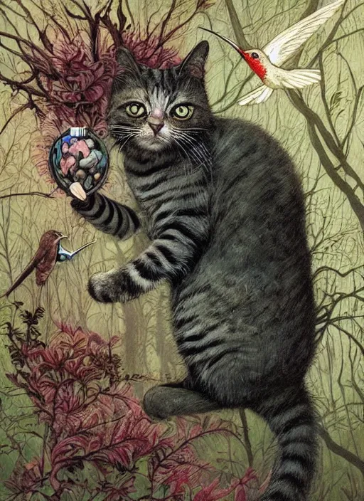 Image similar to a hyper realistic illustrated cat with playing with a hummingbird on its paw in the woods gorgeous lighting, lush forest foliage painting by chiara bautista and beksinski and norman rockwell and greg rutkowski weta studio, and lucasfilm