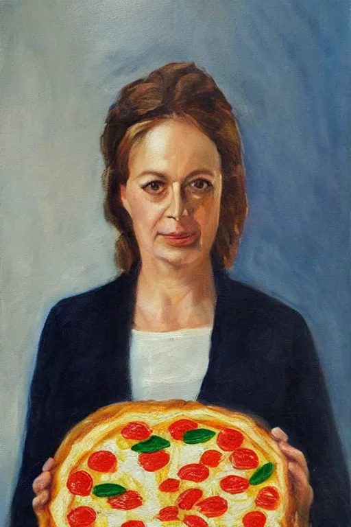 Prompt: oil painting, portrait of giorgia meloni fratelli d'italia, prime minister, holding a pizza, italian flag, futurist style