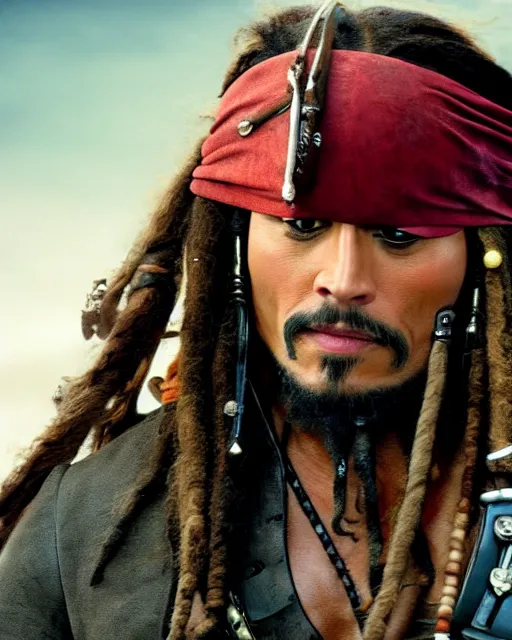 Image similar to Film still close-up shot of Dwayne Johnson as Captain Jack Sparrow from the movie Pirates of the Caribbean. Photographic, photography