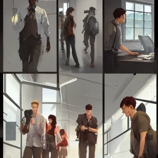 Prompt: human people walking among employee in an office, highly detailed,, artstation hd, deviantart, by madgwick,, greg rutkowski, artgerm, takato yomamoto, ilya kuvshinov, ross tran, conrad roset