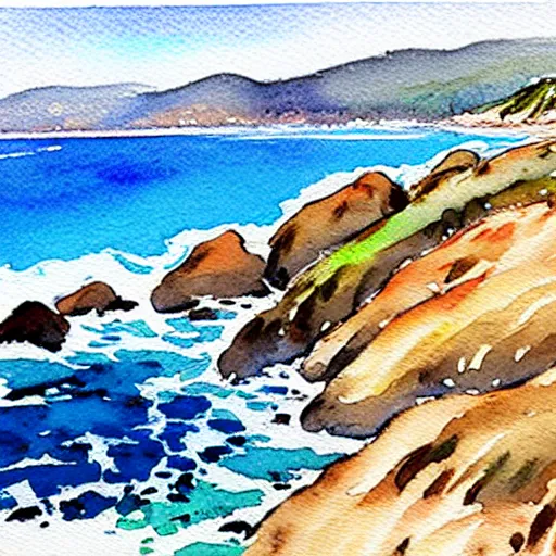 Image similar to a beautiful watercolor and pen painting of the california coastline