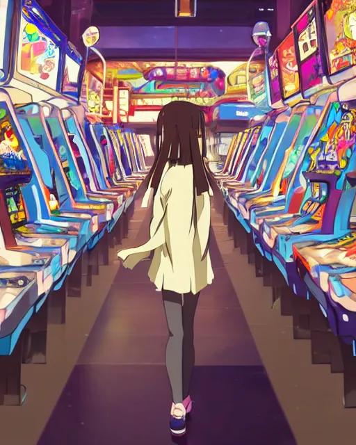 Prompt: a girl at the arcade, full shot, visible face, ambient lighting, detailed, very modern anime style, art by hayao miyazaki, masashi kishimoto, makoto shinkai