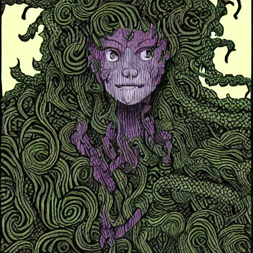 Prompt: a portrait by junji ito lush vine covered backrop