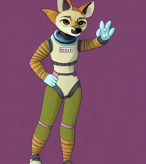 Image similar to digital detailed full body of anthromorphic female hyena, in style of zootopia, fursona, furry, furaffinity, 4 k, deviantart, wearing astronaut outfit, in style of zootopia, floating in space, space background, in deep space, dark background, hyena fursona, cyberpunk, female, stylized face,