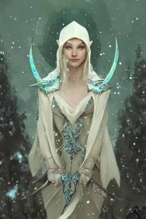 Prompt: portrait of a handsome pointy - eared male snow elf in a turquoise cape and silver ornate armour, albino skin, androgynous face, mid - shot, moonlight snowing, ethereal opalescent mist, winter vibes, perfect face, elegant, very coherent symmetrical artwork, by greg rutkowski, alphonse mucha, charlie bowater, trending on artstation