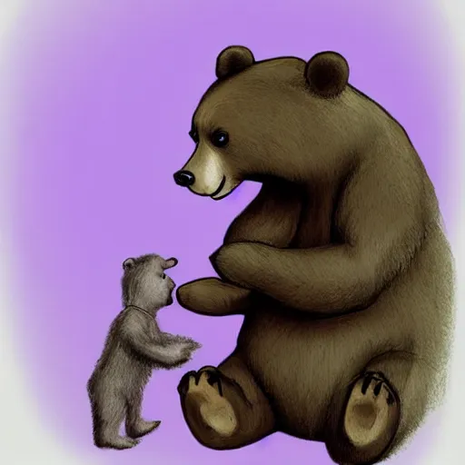 Prompt: drawing of a bear playing with a baby human doll. digital art. high quality. high fidelity