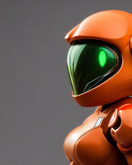 Image similar to helmet portrait of a figurine of samus aran's varia power suit from the sci - fi nintendo videogame metroid. designed by hiroji kiyotake. glossy. red round helmet, orange shoulder pads, green visor. shallow depth of field. suit of armor.