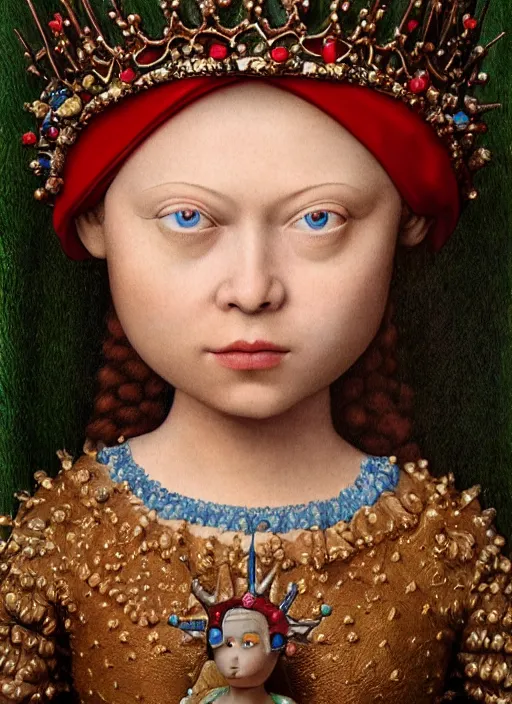 Prompt: closeup medieval jan van eyck face portrait of tin toy greta thunberg as a fairytale princess wearing a crown eating cakes in the castle, bikini, detailed and intricate environment, nicoletta ceccoli, mark ryden, lostfish, hyperrealistic, octane render
