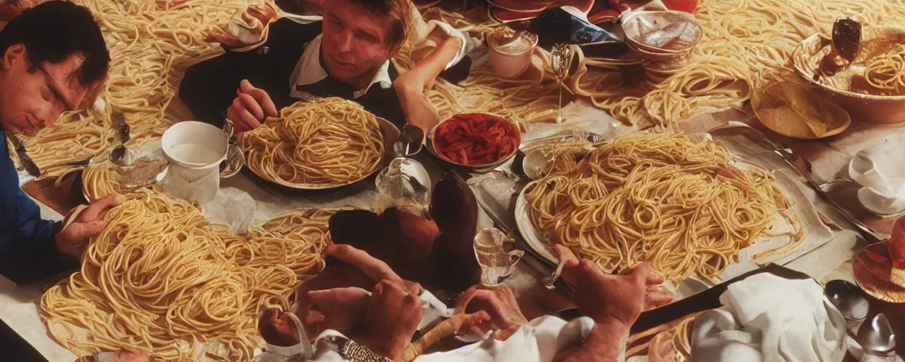Image similar to famous moments in history that include spaghetti, small details, intricate, canon 5 0 mm, wes anderson film, kodachrome