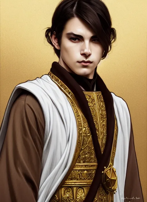 Image similar to symmetry!! d & d portrait of a young hin male cleric, white robe with gold accents, light brown hair pony tail, wry smirk, brown, gold and white cloak, necklace, elegant, highly detailed, digital painting, artstation, concept art, smooth, sharp focus, illustration, art by artgerm and greg rutkowski and alphonse mucha