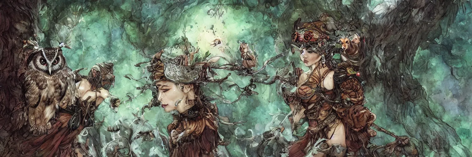 Image similar to plant based warrior monk wearing augmented reality visor and seductive owl sorceress fighting side by side by Jean-Baptiste Monge, post processing, painterly, book illustration watercolor granular splatter dripping paper texture. Trending on artstation, post processing, pen and ink work. sharp focus.