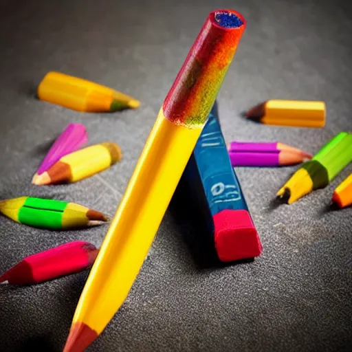 Image similar to crayons made into a shiv, realistic photography, high detailed