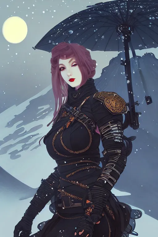 Image similar to portrait ninja gaiden girl, armored dieselpunk wardrobe, at snowy fuji mountain moonlight, ssci - fi and fantasy, intricate and very beautiful and elegant, highly detailed, digital painting, artstation, concept art, smooth and sharp focus, ( ( illustration, art by tian zi and wlop and alphonse mucha ) )