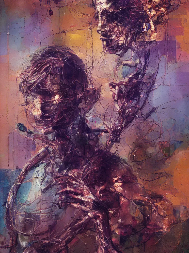 Image similar to a beautiful glitched painting by robert proch of an anatomy study of the human nervous system, color bleeding, pixel sorting, copper oxide and rust materials, brushstrokes by jeremy mann, cold top lighting, pastel purple background