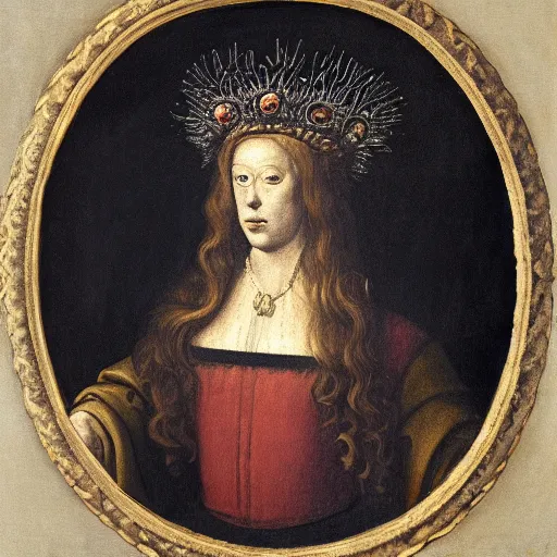 Image similar to a renaissance style portrait of an octopus wearing a crown and a cape, dark background