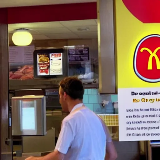 Prompt: Paparazzi photo of Jesus Christ working at Mcdonalds