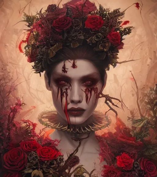 Image similar to portrait of the supreme queen of the blood cult, surrounded by skulls and overgrowth and dark flowers by karol bak, James Jean, tom bagshaw, rococo, trending on artstation, cinematic lighting, hyper realism, octane render, 8k, hyper detailed.