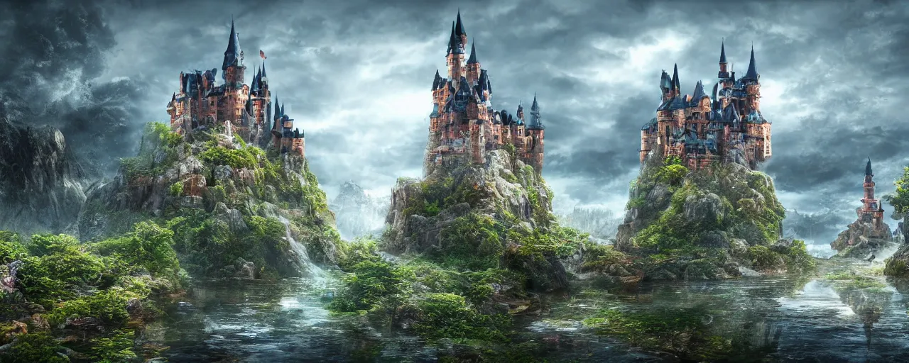 Image similar to A dream fantasy landscape with a castle, highly detailed, hyper realistic, 4k