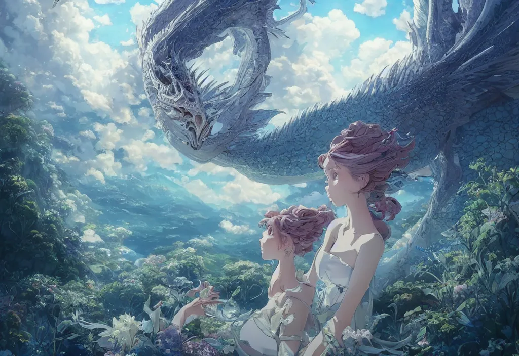 Prompt: the beautiful hyper detailed scene render that a lonely single beautiful girl lies in the arms of a huge silver dragon alone in the fairyland surrounded by white clouds, in the style of makoto shinkai victo ngai and peter mohrbacher studio ghibli artgerm karol bak beeple, cinematic, beautiful dream, ultra wide angle, animation style, 8 k hd