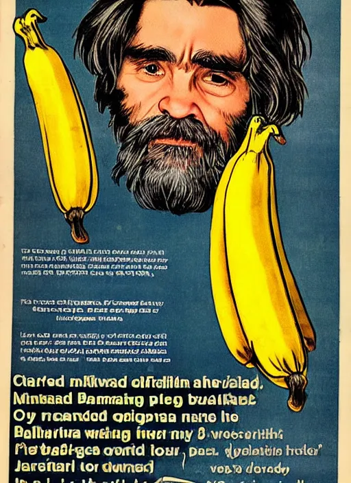 Image similar to vintage pharamaceutical magazine advertisement depicting charles manson slipping on a banana peel