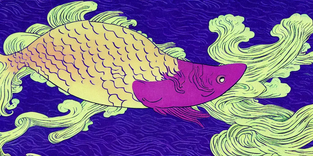 Image similar to breath takingly stunningly beautiful, purple fish, swimming in a beautiful coral reef, aesthetically pleasing Digital art, Concept art by Hokusai and Vincent Van Gogh and Claude Monet