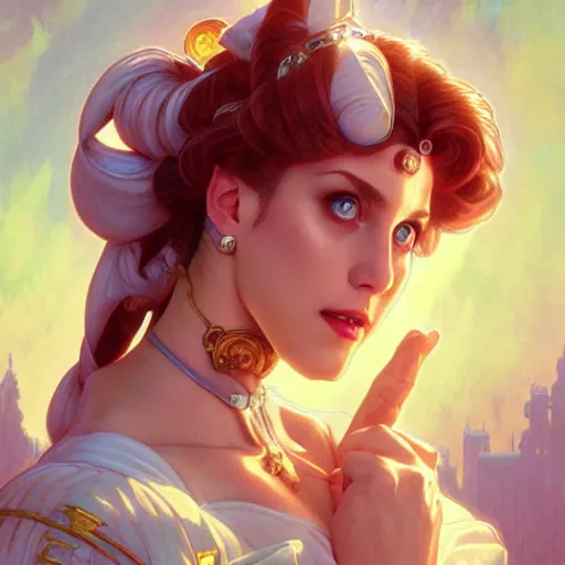 Image similar to Mark Hamill as Sailor Moon, western, D&D, fantasy, intricate, elegant, highly detailed, digital painting, artstation, concept art, matte, sharp focus, illustration, art by Artgerm and Greg Rutkowski and Alphonse Mucha