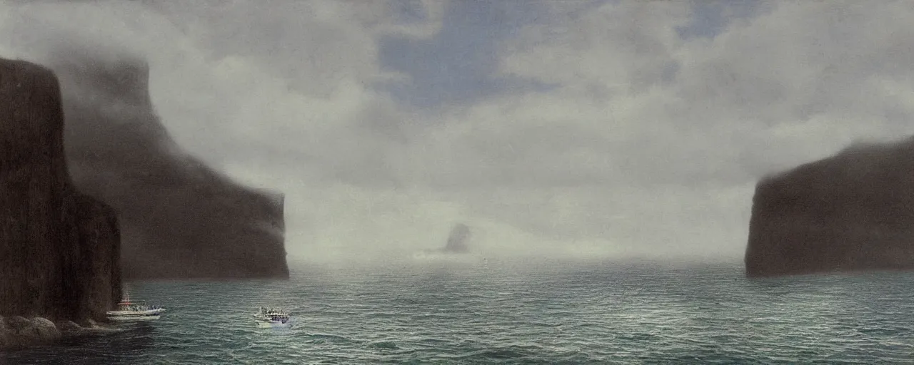 Image similar to cruise ship near misty black cliffs over steamy water by Fernand Khnopff, matte painting