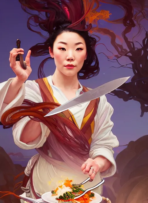 Image similar to arden cho as a chef, in a battle pose, holding magical kitchen knives, beautiful rivers of energy flowing in background, by peter mohrbacher and alphonse mucha and loish, 4 k, high resolution, intricate, hyperdetailed, photorealistic, artstation, smooth, sharp focus