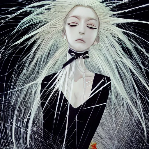 Image similar to Yoshitaka Amano realistic illustration of an anime girl with white hair and cracks on her face wearing dress suit with tie fluttering in the wind, abstract black and white patterns on the background, noisy film grain effect, highly detailed, Renaissance oil painting, weird portrait angle