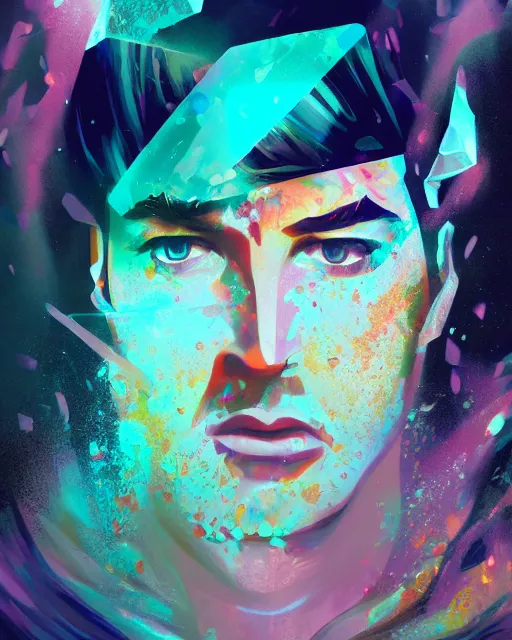 Prompt: shattered glass stylized portrait of elvis, cracked obsidian geometric fantasy art, splattering black gold iridescent bubbly underwater scenery, greg rutkowski, loish, rhads, makoto shinkai, lois van baarle, ilya kuvshinov