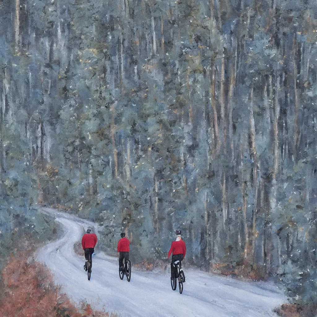 Image similar to Two men biking up a steep forest hill with a deep dark blue sweater and a wine red sweater. sweaty. Oil painting. Emotional. Trending on artstation. Steep. Nordic Trees. Rustic. Artistic.