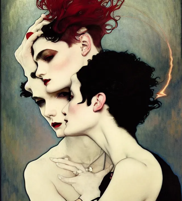 Prompt: stunning portrait of highly details androgynous ruby rose as desire from sandman, rockabilly style, white suit and black tie,, by egon shiele and alphonse mucha, with influence of jeremy mann, peter lindbergh, dave mckean, maurice sapiro, and frank moth, soft lightning, highly detailed, 8 k
