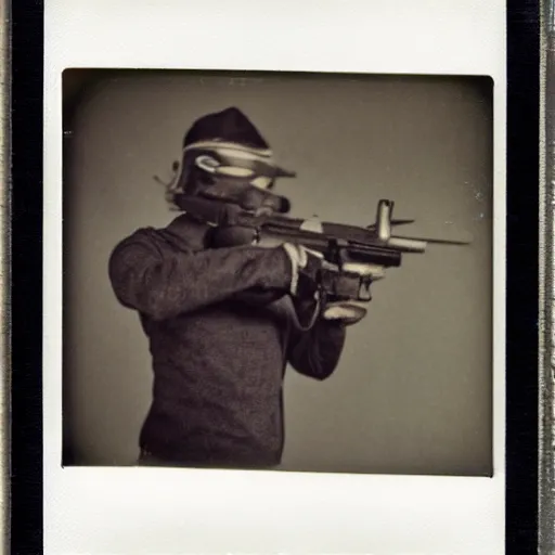 Image similar to a Polaroid photo of an among us character with a gun