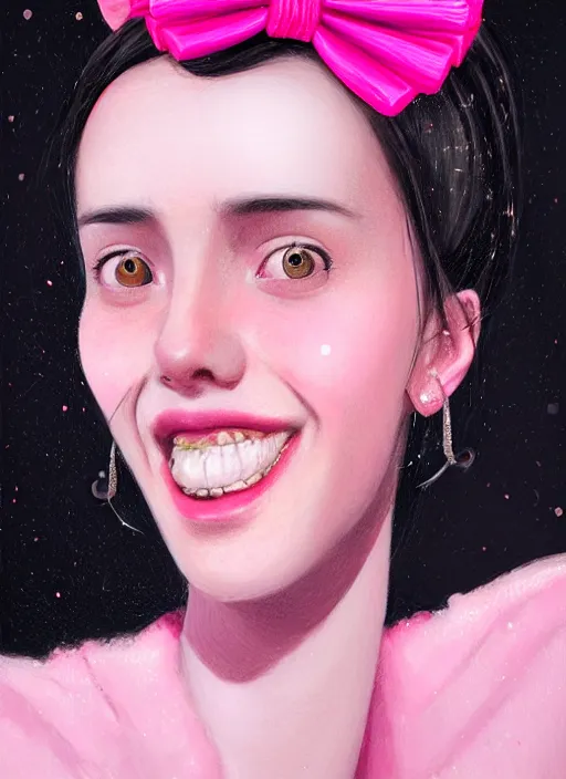 Image similar to portrait of high school girl, realistic, black hair, bangs, half updo hairstyle, pointy nose, skinny, smile, ugly, defined jawline, big chin, pink hair bow, earrings, intricate, elegant, glowing lights, highly detailed, digital painting, artstation, sharp focus, illustration, art by wlop, mars ravelo and greg rutkowski