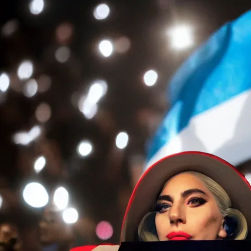 Image similar to Lady Gaga as president, Argentina presidential rally, Argentine flags behind, bokeh, giving a speech, detailed face, Argentina