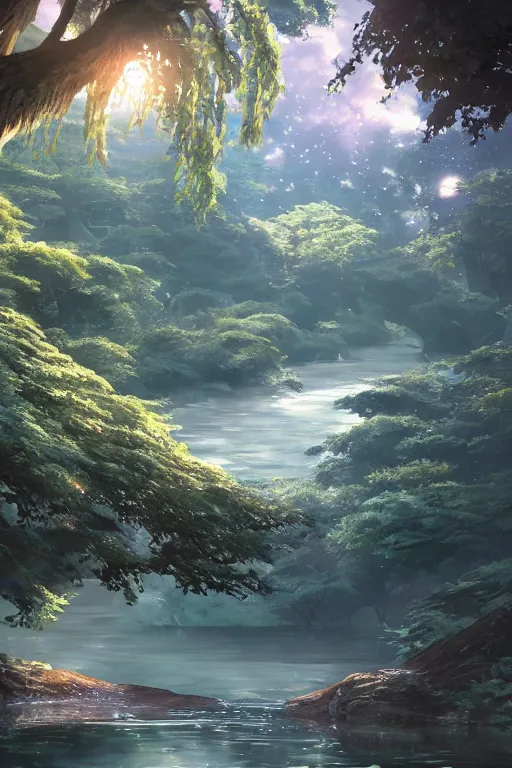 Image similar to shimmering river flowing through a giant ancient tree, serene evening atmosphere, soft lens, soft light, cel - shading, animation, in the style of cgsociety, deviantart, artstation, zbrush, cinema 4 d, studio ghibli, akihiko yoshida, atelier lulua, masamune shirow