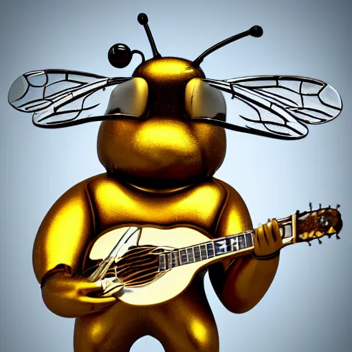 Prompt: portrait of a 3d bee made of metal, shiny, playing guitar onstage like John Lennon