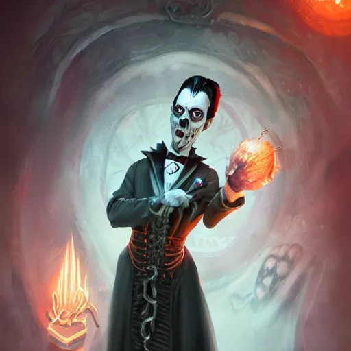 Image similar to gomez addams as a lich necromancer, made by carvaggio, stanley artgerm lau, wlop, rossdraws, artstation, cgsociety, concept art, cgsociety, octane render, trending on artstation, artstationhd, artstationhq, unreal engine, 4 k, 8 k