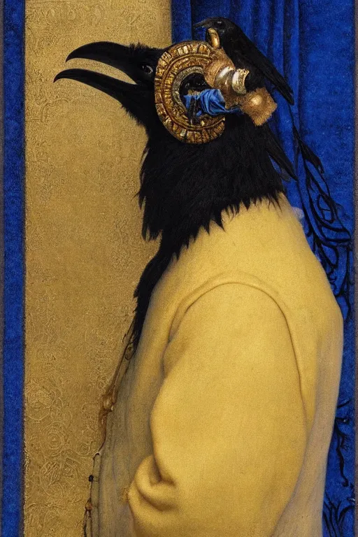 Image similar to portrait in profile of an anthropomorphic black crow wearing a blue velvet waistcoat, by Donato Giancola and John Bauer and Vermeer, gold embroidery, iridescent beetles, rich color, featured on Artstation, cgisociety, unreal engine, extremely detailed