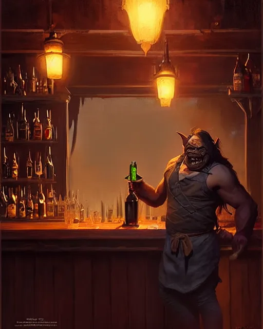 Image similar to orc bartender serving drinks | | realistic shaded, fine details, realistic shaded lighting poster by greg rutkowski, magali villeneuve, artgerm, jeremy lipkin and michael garmash and rob rey