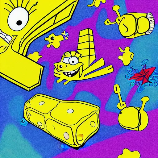 Image similar to spongebob squarepants in an abstract world with weed clouds, digital art, by Lulu Chen