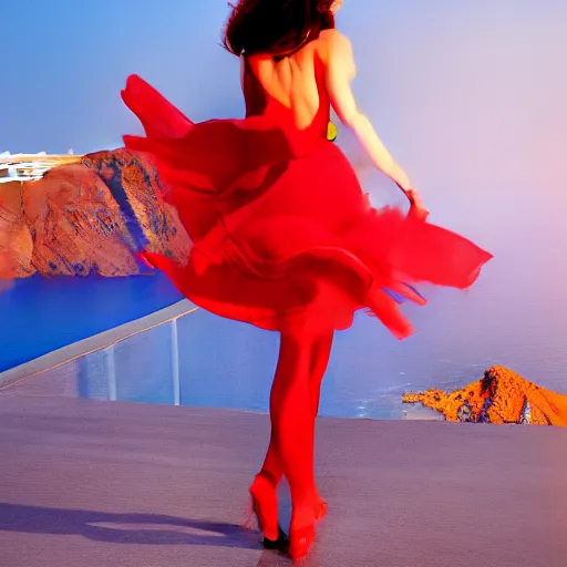 Image similar to beautiful modern dancer wearing a red and yellow and blue swirling dress, standing on a Santorini terrace looking down into the ocean, trending on artstation, cinematic, unreal 5, DAZ, hyperrealistic, octane render, dynamic lighting