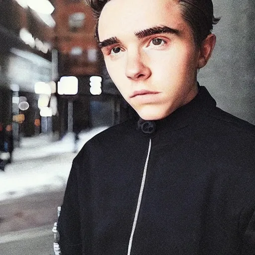 Image similar to “a realistic detailed photo of a guy who is an attractive humanoid who is half robot and half humanoid, who is a male android, Brooklyn Beckham, shiny skin, posing like a statue, blank stare”