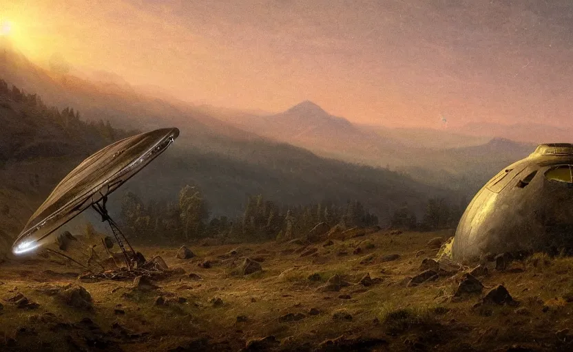 Image similar to crashed UFO on a hillside, close up shot, at dusk, distant mountains, 4k, rule of thirds, extreme detail, hazy, intricate ink illustration, trending on artstation, cgsociety, hd, calm, complimentary colours, realistic lighting, by Albert Bierstadt, Frederic Edwin Church.