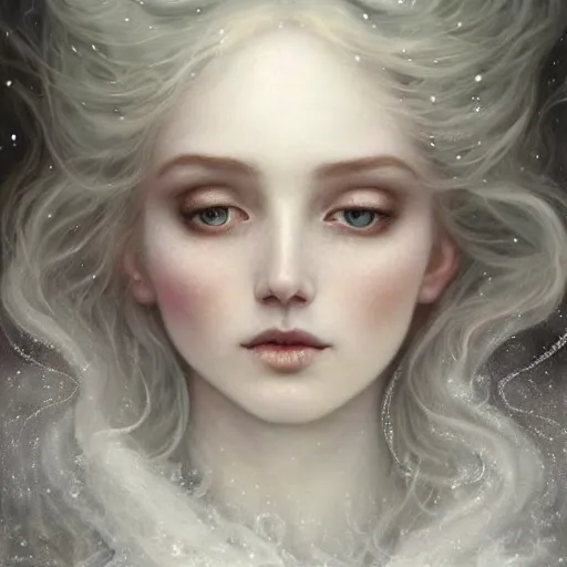 Image similar to Beautiful Delicate Detailed full head portrait of snow woman, With Magical grey eyes by Tom Bagshaw, Bastien Lecouffe Deharme, Erik Johansson, Amanda Sage, Alex Grey, Alphonse Mucha, Harry Clarke, Josephine Wall and Pino Daeni, Delicate winter frozen creature With long white windy Hair and Magical Sparkling Eyes, Magic Particles; Magic Swirls, in a oit of this world magical frozen landscape, 4K; 64 megapixels; 8K resolution concept art; detailed painting; digital illustration; hyperrealism; trending on Artstation; Unreal Engine Photorealistic, lifelike, Unreal Engine, sharp, sharpness, detailed, 8K