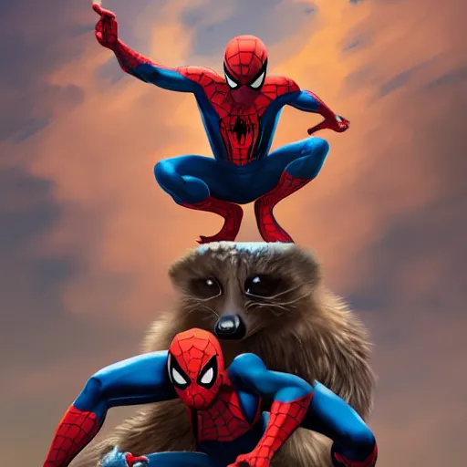 Image similar to spider - man sit on top of big raccoon and eating donuts, action scene, concept art, trending on artstation, highly detailed, intricate, sharp focus, digital art, 8 k