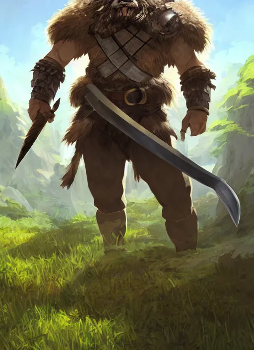 Image similar to strong young man, photorealistic bugbear ranger holding aflaming sword, black beard, dungeons and dragons, pathfinder, roleplaying game art, hunters gear, jeweled ornate leather and steel armour, concept art, character design on white background, by studio ghibli, makoto shinkai, kim jung giu, poster art, game art