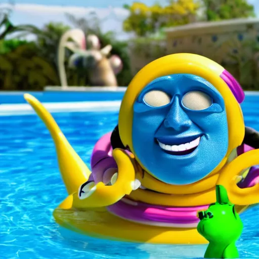 Prompt: funny crazy creatures in the swimming pool in style of Toy story, pixar, 8k hd dof