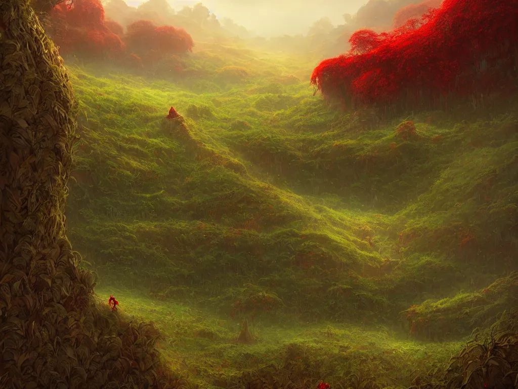 Image similar to Intricate detailed lush ravine with an isolated red barn next to a wheat crop at noon. Wide angle shot, surreal, dreamlike, fantasy, Artstation, Randy Vargas, Anato Finnstark, Bayard Wu, Marc Simonetti.