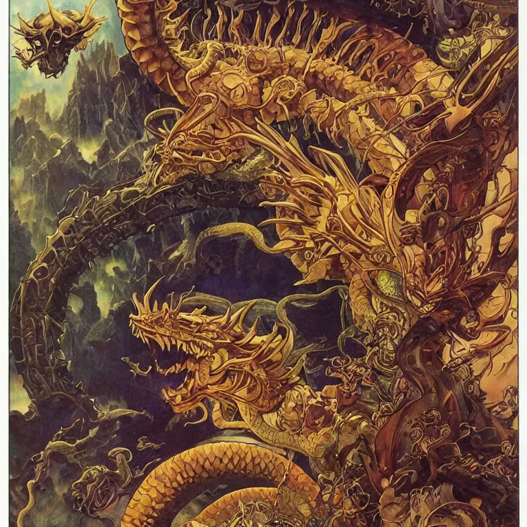 Image similar to portrait of Shenron The Eternal Dragon of the Earth Dragon Balls by Jeff Easley and Peter Elson + beautiful eyes, beautiful face + symmetry face + border and embellishments inspiried by alphonse mucha, fractals in the background, galaxy + baroque, gothic, surreal + highly detailed, intricate complexity, epic composition, magical atmosphere + masterpiece, award winning + trending on artstation